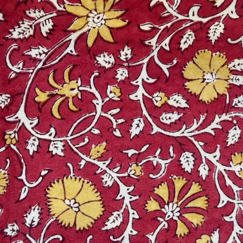 Pottery Barn Red Floral Block Print Cotton Tablecloth 70x108 Rectangular India